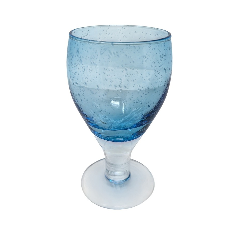 Crate & Barrel Cabana Goblet Cup Hand Blown Blue‎ Seeded Glass Stemmed Artisan